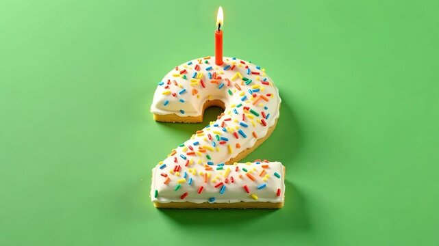 Happy second birthday party theme with festive number two cake and candle burning brightly