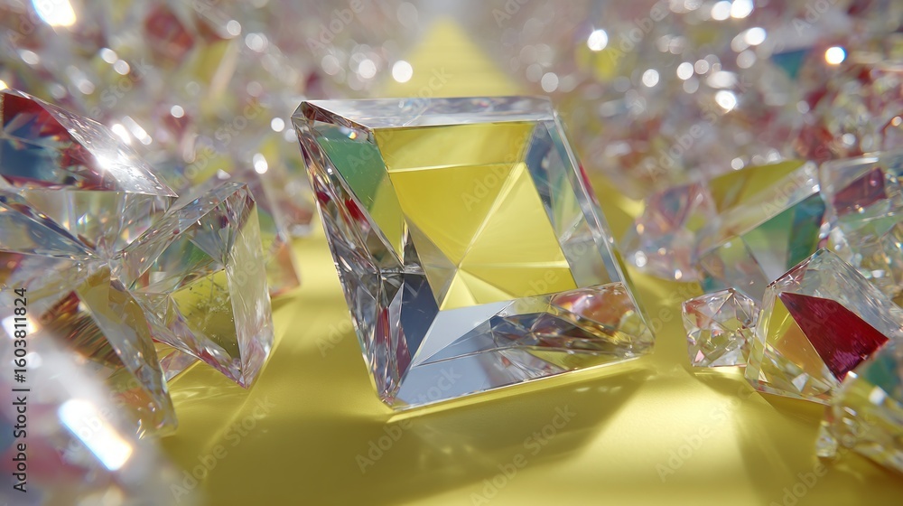 Poster close up perspective of numerous faceted crystals and prisms with refracted light and bokeh effects 