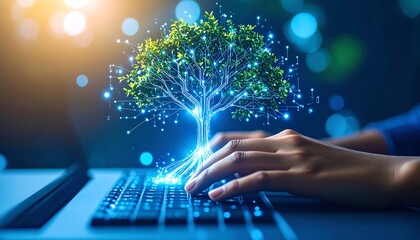 Tech Tree Growing From Laptop Keyboard.
