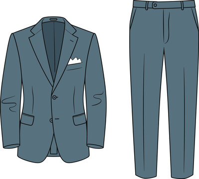 Stylish men’s suit flat vector drawing, blazer and trousers CAD sketch, formal wear technical illustration for apparel fashion design