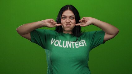Fototapeta premium Woman posing playfully in green volunteer shirt against isolated green background, embodying curvy and youthful spirit in a casual and friendly manner.