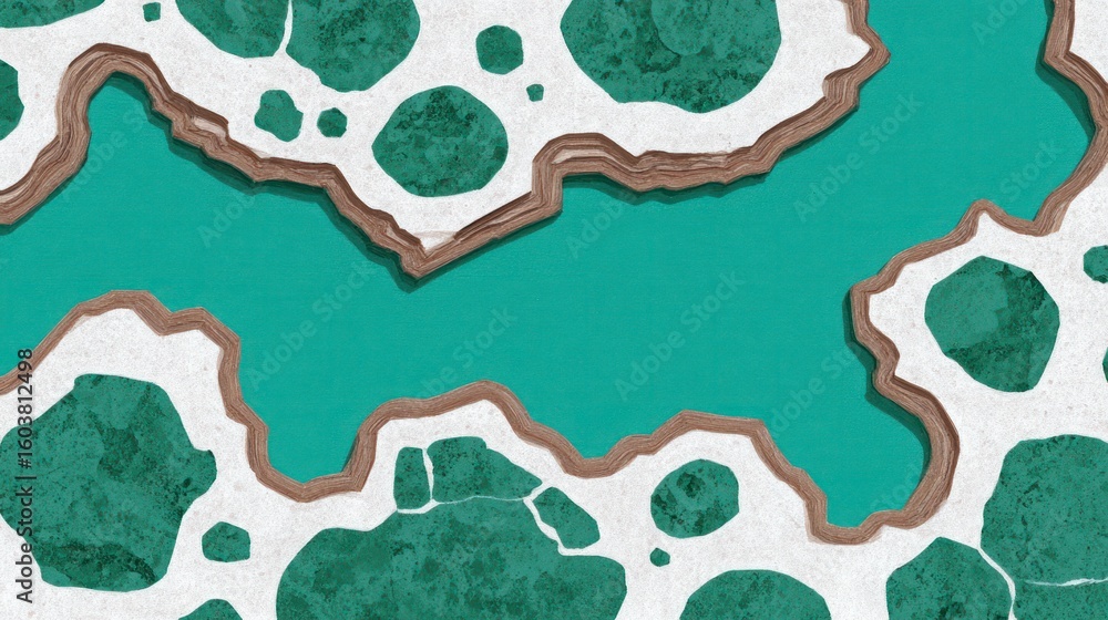 Poster textured abstract pattern of green and white shapes with brown borders on a teal background