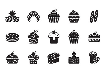 Bakery and Pastry Icon Set Variety of Delicious Treats and Bread Isolated on White Background