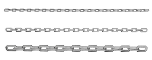 A precise 3D render showcasing multiple strands of robust metal chains, each link featuring a clean, squared-off geometric design with a polished metallic finish. Ideal for industrial, modern