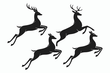 Obraz premium Elegant Silhouette of Leaping Deer Herd Against a Clean White Backdrop Ideal for Holiday Designs and Wildlife Themed Graphics