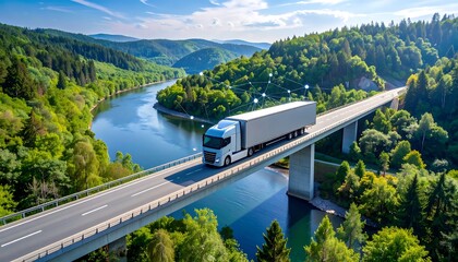 Fototapeta premium Truck on bridge over river with scenic landscape.