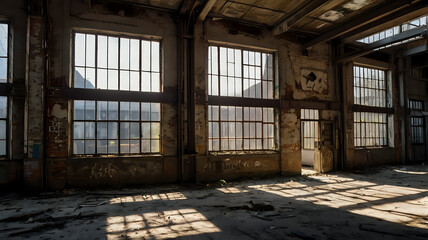 Sunlit Abandoned Factory Interior with Weathered Walls and Metal Window