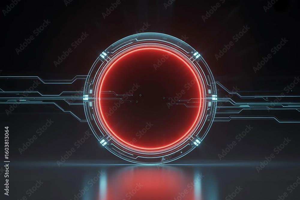 Poster a futuristic interface with a red glowing circle and circuit board like details on a dark background