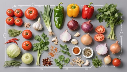 Assorted Fresh Vegetables and Herbs Arranged on a Gray Background