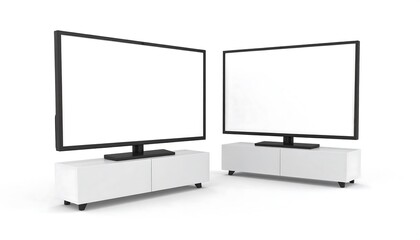 Two modern blank screen TVs with white stands.