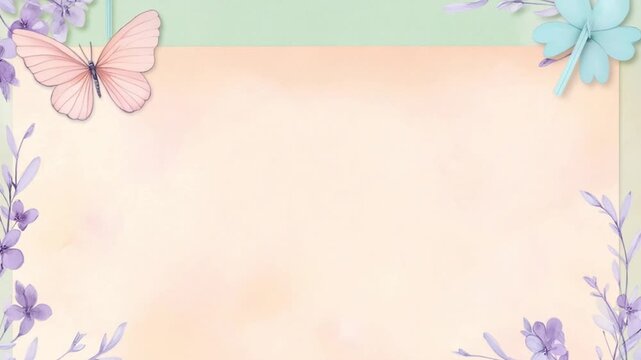 Delicate watercolor butterfly and floral border frame a light pastel background for spring greeting cards or invitations.