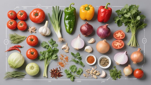 Assorted Fresh Vegetables and Herbs Arranged on a Gray Background
