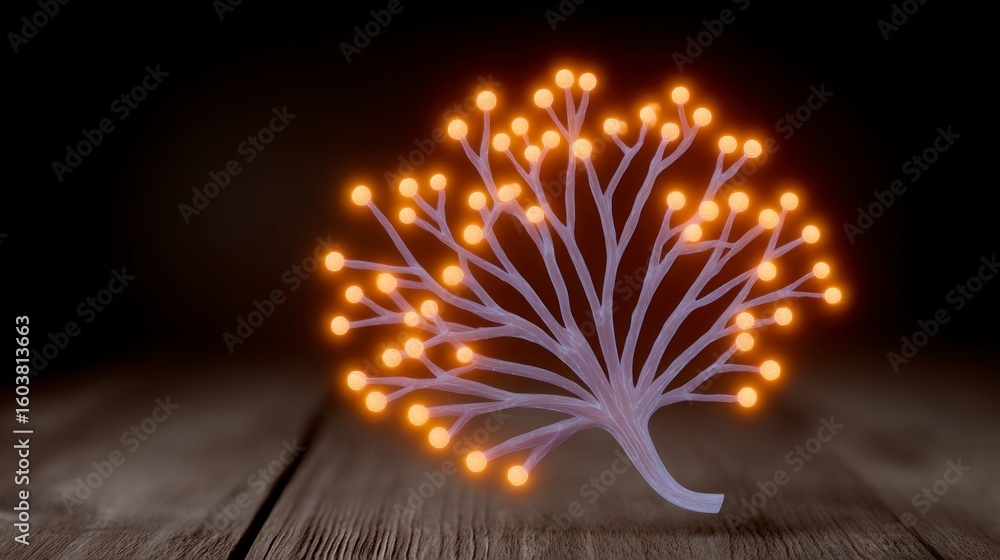 Poster a stylized luminous tree like structure with glowing orange orbs at the tips of its branches
