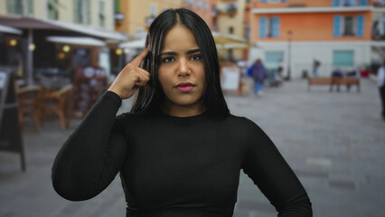 Fototapeta premium Woman in black shirt pointing and thinking on an outdoor street with blurred background of colorful buildings and people walking.
