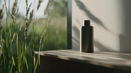 A black bottle sits on a wooden shelf, with a window and plants in the background.