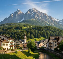 Fototapeta premium A picturesque mountain village nestled among lush forests and a flowing river, under a clear blue sky.