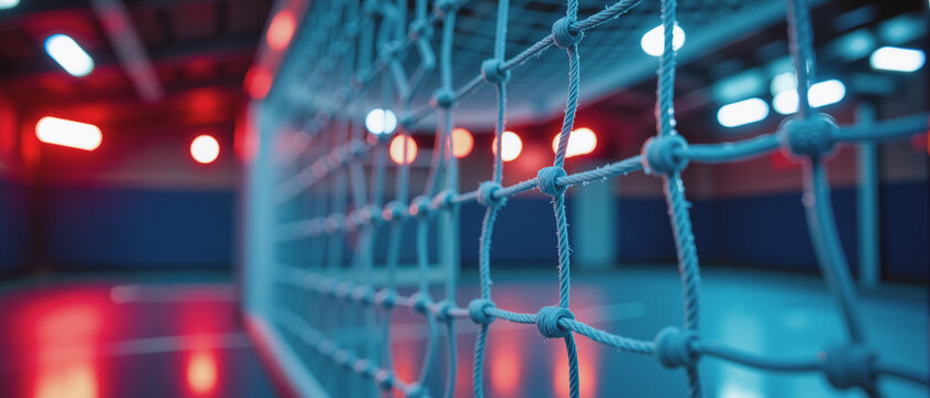 Handball Goal Net Close-Up – Stadium Lights With Bokeh Effect in Blue and Red for Sports Betting Platforms, Game Analysis, and Athletic Event Promotions - Powered by Adobe