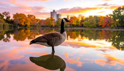 A Canada goose standing in a calm autumnal pond, reflected in the water
