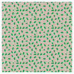 A decorative repeat pattern of green leaves with red cherry color dot texture on a white background, creating a fresh and natural aesthetic surface design