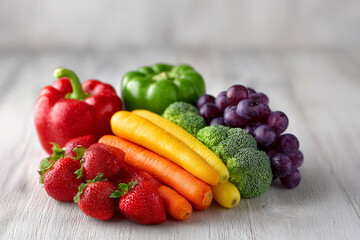 Vegetables and fruits arranged on an antique white desk