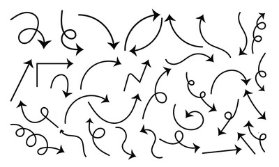 A set of hand drawn arrows in casual sketchy style. Black line collection isolated on white background. Great for notes, charts, or web graphics.

