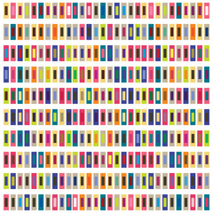 A lively repeat pattern of multicolored squares set against a white backdrop.

