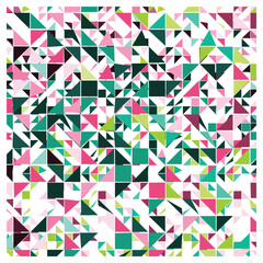 Colorful abstract geometric pattern featuring a mix of pink, green, and teal triangles and squares on a white background repeat print
