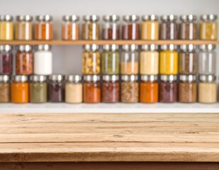 A rustic wooden table displays an array of glass jars filled with colorful spices, grains, and dried herbs, creating a warm, inviting atmosphere.