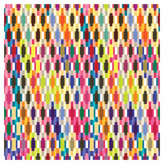 A vibrant, abstract repeat pattern of interlocking shapes in a variety of bright colors, creating a playful and lively textile surface design.
