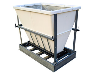 Large plastic storage hopper with metal support frame for industrial use on a transparent background