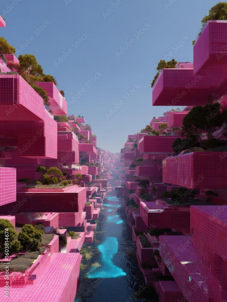 Poster 3d rendering of a futuristic city with a river running through it. the city is made up of multiple l
