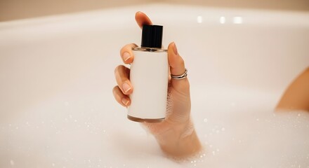 Woman's hand holding a perfume bottle in a bubble bath white bubbles and bottle with a blank label. Relaxing spa treatment concept.