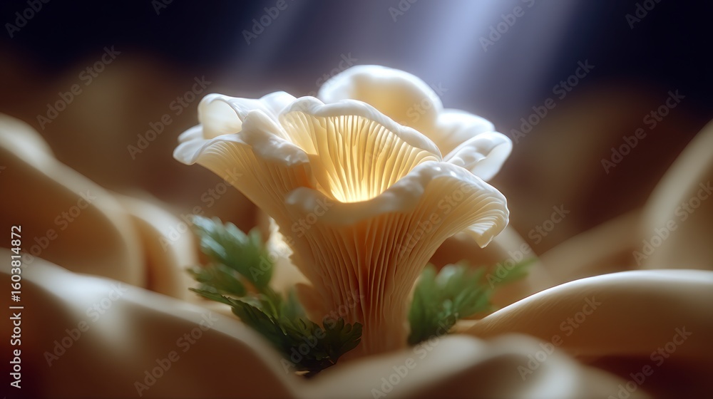 Poster close up macro view of a glowing oyster mushroom with delicate gills and soft fabric