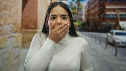 Fototapeta premium Woman holds hand in surprised look on street, young latin hispanic outdoors cover mouth.