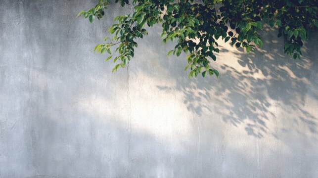 Green leaves casting shadows on a textured gray wall, creating a serene and tranquil atmosphere with natural elements in focus - Powered by Adobe