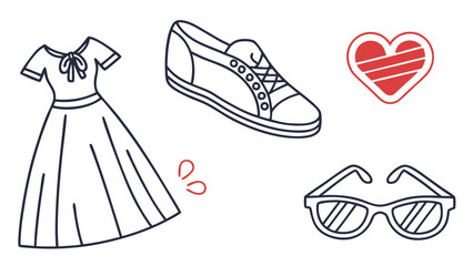 Naklejka premium A playful collection of fashion and lifestyle icons including a dress sneakers sunglasses and a heart symbol presented in a simple clean line art style