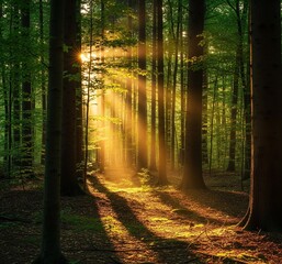Obraz premium Sunlight streams through a dense forest, illuminating the ground and casting long shadows between the trees.