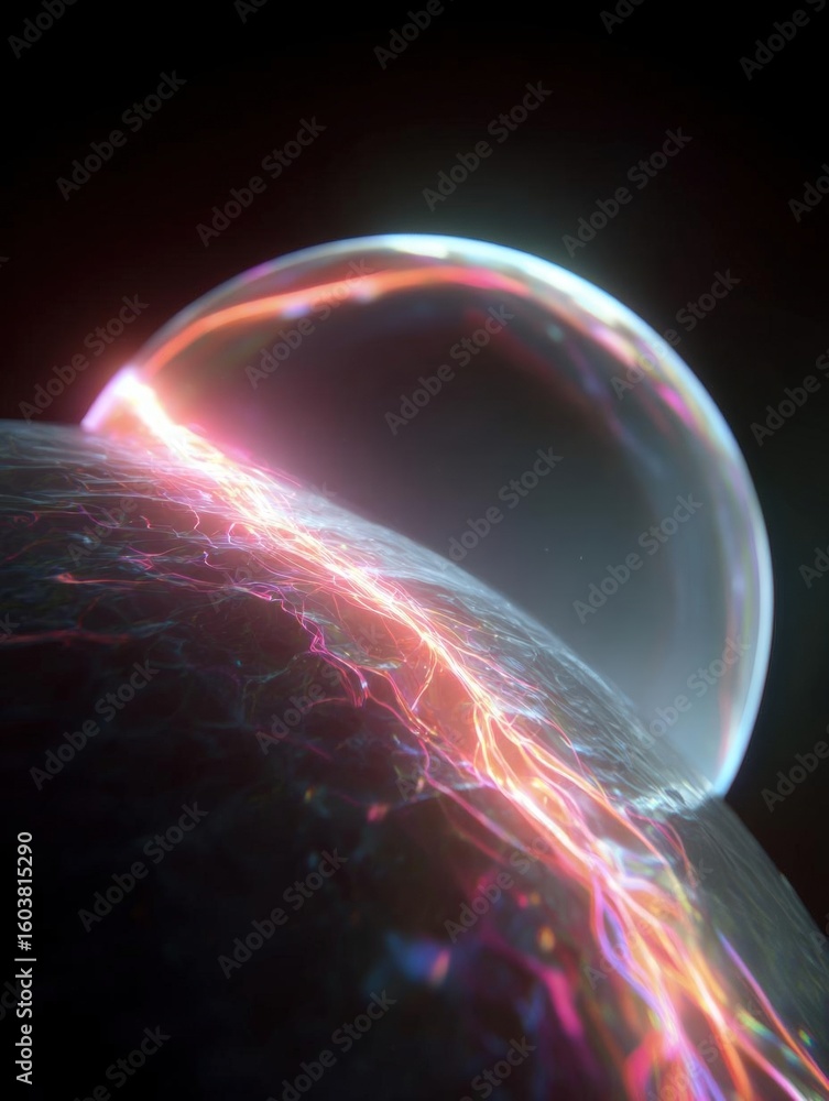 Poster close-up of a sphere with a dark background. the sphere appears to be made of glass or a transparent