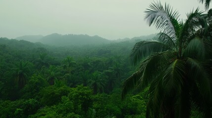 Fototapeta premium Green Canopy: A misty vista unveils the verdant heart of a tropical rainforest, showcasing dense foliage and lush vegetation under a serene sky.