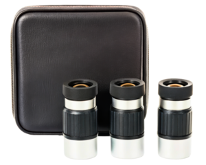 Set of three black and silver eyepieces with protective carrying case on a transparent background