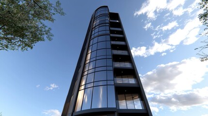 Obraz premium A modern skyscraper with a curved facade and numerous windows.