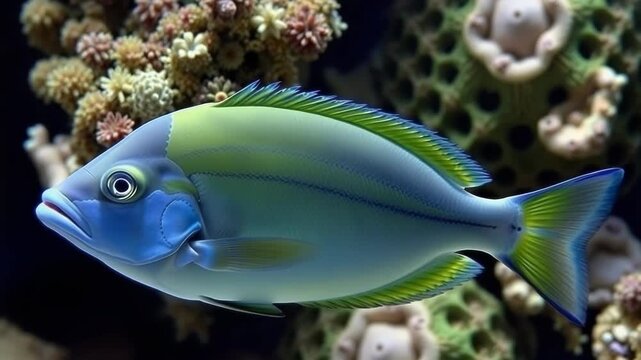 A vibrant blue and green fish swims gracefully through a colorful coral reef