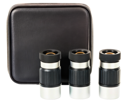 Set of three black and silver eyepieces with protective carrying case on a transparent background