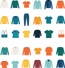 Flat icon set of casual clothing, t-shirts, sweaters, pants, fashion items, vector illustration, colorful wardrobe pieces for design