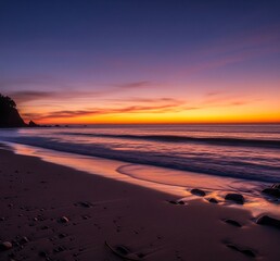 Obraz premium Serene sunset paints the sky with vibrant oranges and purples over a tranquil beach, gentle waves lapping the shore.