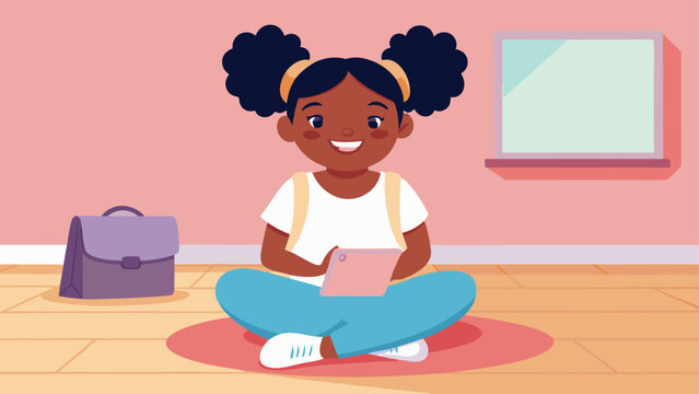 Happy black girl sitting cross legged using a tablet