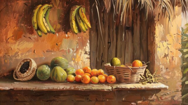 Colorful Fruit Still Life Painting with Bananas Watermelon and Oranges in Rustic Setting