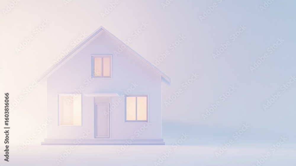 Poster minimalist white house 3d render with glowing windows on a soft blue gradient background