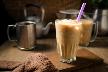 Thai traditional iced coffee,old style coffee, iced coffee, retro style,blur blackground