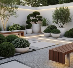 Modern, minimalist garden courtyard with various plants and benches.